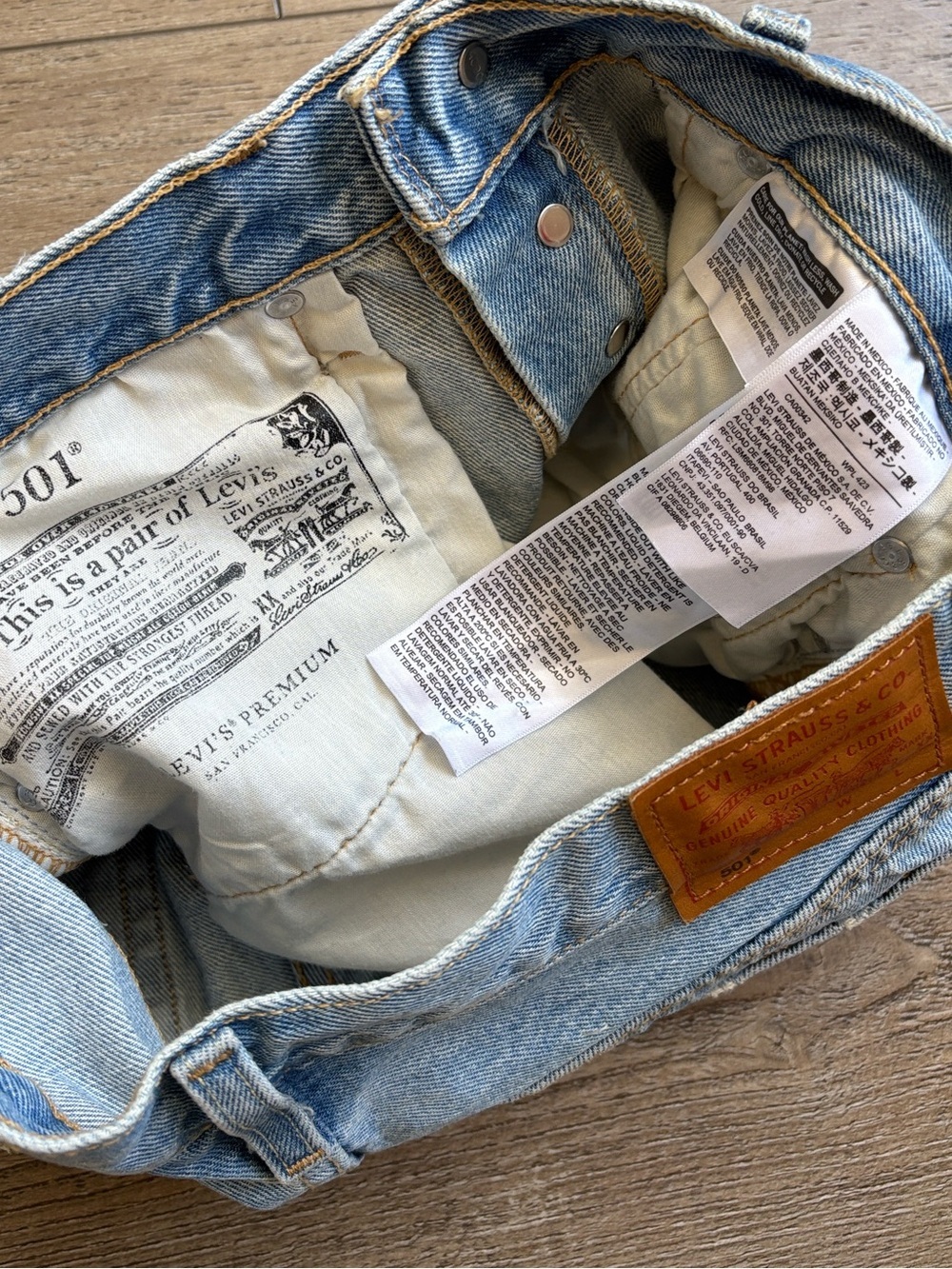 Levi's 501 Light Blue Distressed Denim High Waisted Cutoff Jean Shorts - Picture 3 of 5